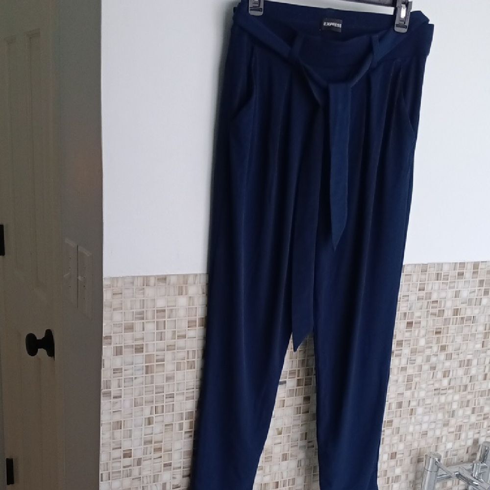 Express Deep Blue Women's Trousers With Belt Stretchy Ankle Mid Rise